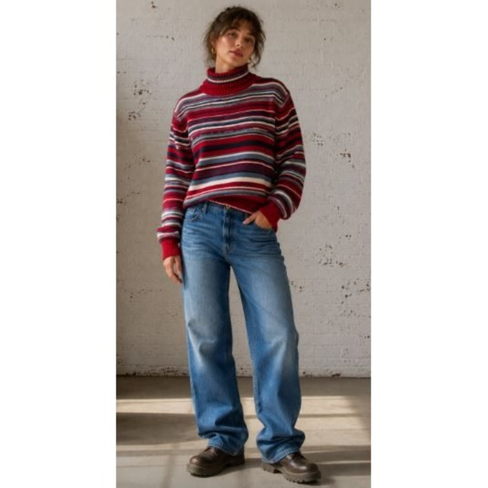 Mock‎ Neck Sweater XL Red Striped Chunky Knit Preppy Coastal Granma Festive Cozy